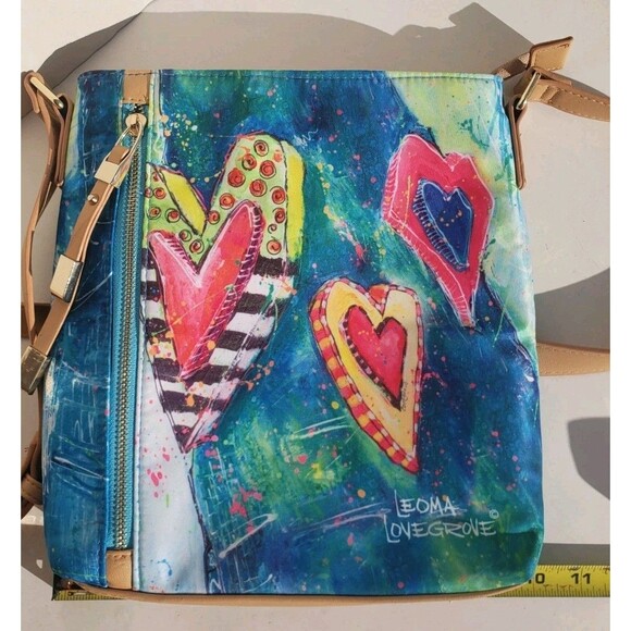 Leoma Lovegrove Art Double Hearts & Palms Crossbody Bag Pink Blue Painted EUC - Picture 16 of 16
